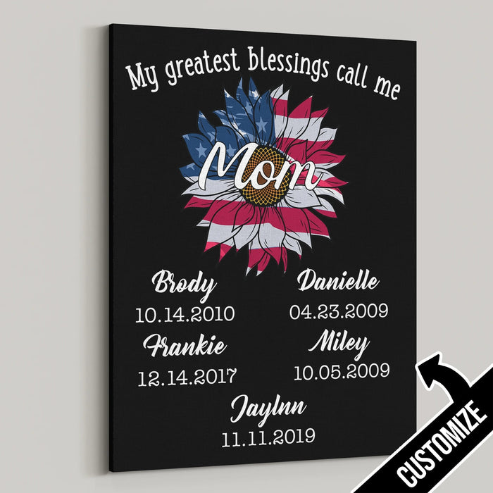 Personalized Blessing Call Me Mom Canvas 4th Of July American Sunflower Multi Members Names Sign Poster