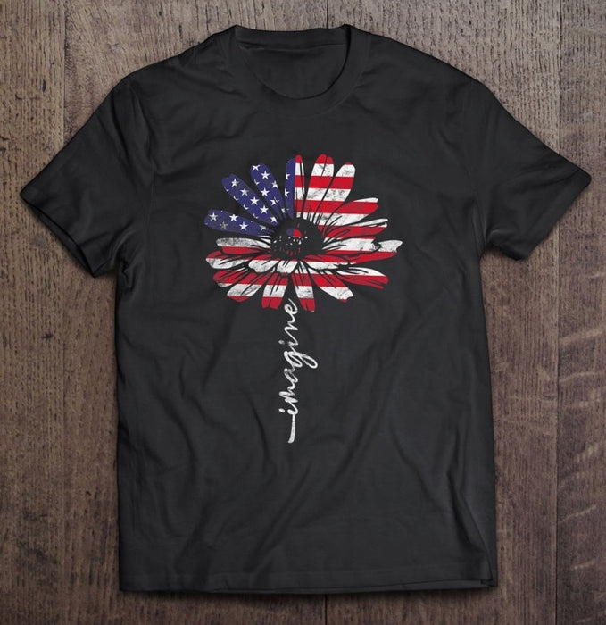 Classic T- Shirt For Women Imagine Shirts Daisy Flower American Flag Art Printed Shirt For Independence Day