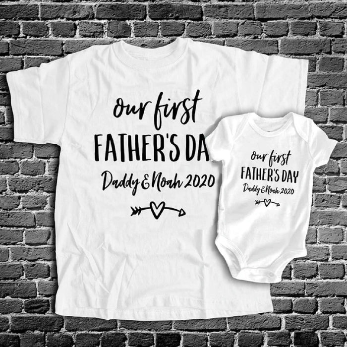 Personalized Dad Son Matching Shirts Our First Fathers Day Onesie for Baby Custom Dad's And Baby's Name And Year