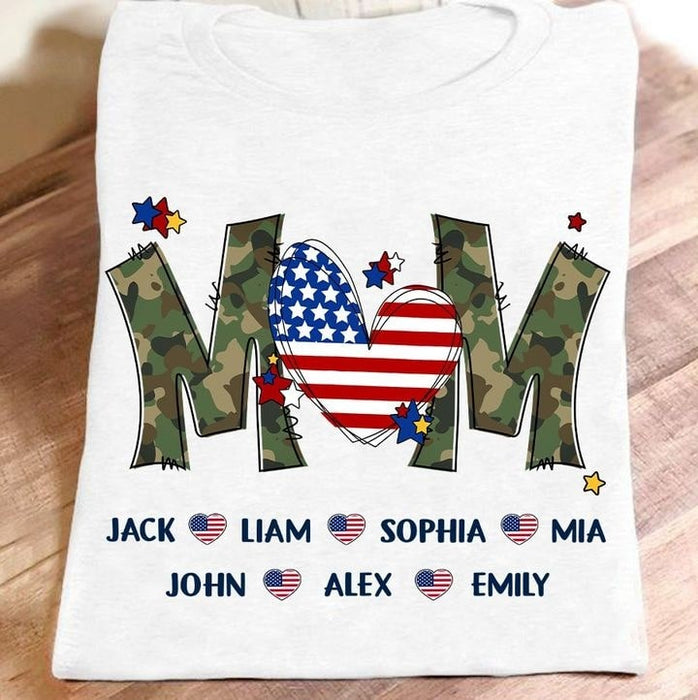 Personalized T-Shirt For Mom American Flag Red White Blue Heart Camouflage Design Custom Kids Name Patriotic Shirt