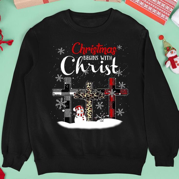 Classic T-Shirt & Sweatshirt For Men Women Christmas Begins With Christ Print Snowman & Christ Cross