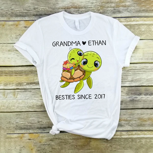 Personalized T-Shirt For Grandma Bestie Since 2017 Cute Turtle And Baby Printed Custom Grandkid's Name And Year