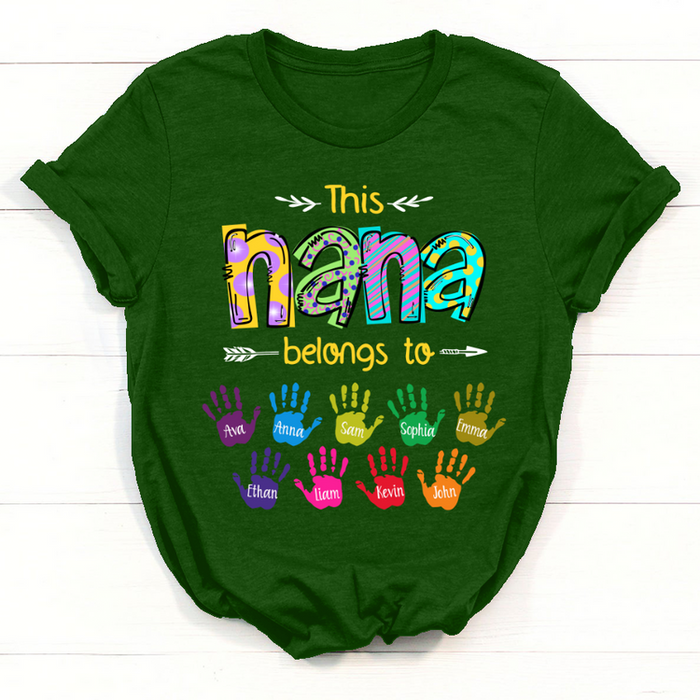 Personalized T-Shirt This Nana Belongs To Custom Grandkids Name Colorful Handprint Printed Stripes Design