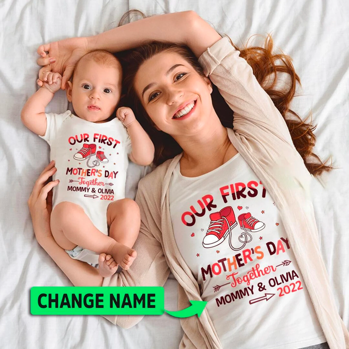 Personalized Matching T-Shirt & Baby Onesie Our First Mother'S Day Mommy & Baby Cute Shoe Printed Custom Name