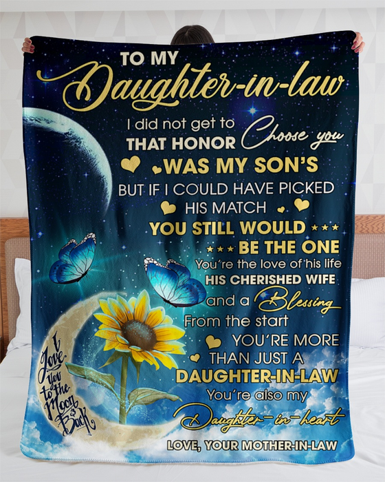 Personalized Premium Fleece Blanket To My Daughter In Law Butterfly Sunflower & Moon Print Custom Name Throws