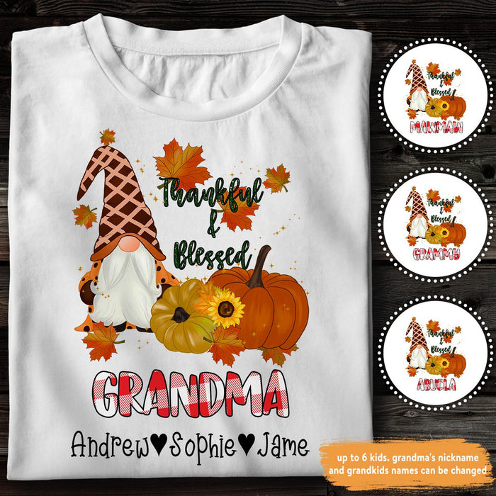 Personalized T-Shirt For Grandma Thankful Blessed Cute Gnome With Pumpkin And Maple Leaves Printed Custom Grandkids Name