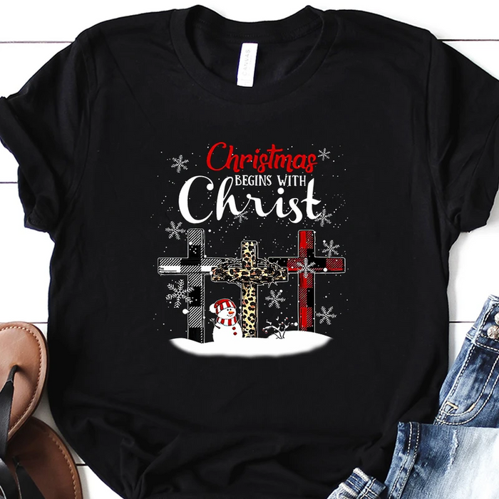 Classic T-Shirt & Sweatshirt For Men Women Christmas Begins With Christ Print Snowman & Christ Cross