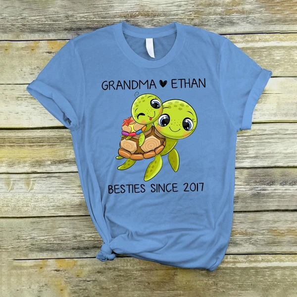 Personalized T-Shirt For Grandma Bestie Since 2017 Cute Turtle And Baby Printed Custom Grandkid's Name And Year