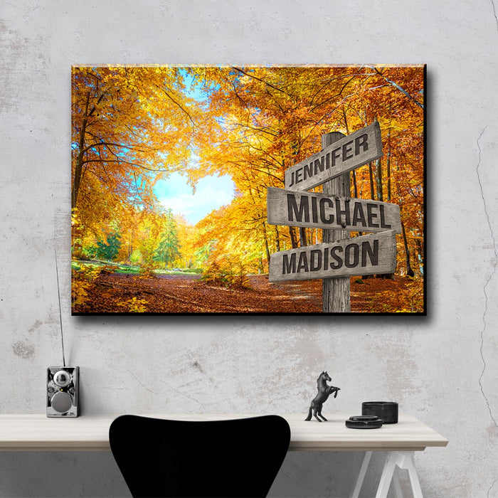 Personalized Matte Canvas For Family Autumn Forest Street Sign With Multi Names Printed Custom Member'S Name