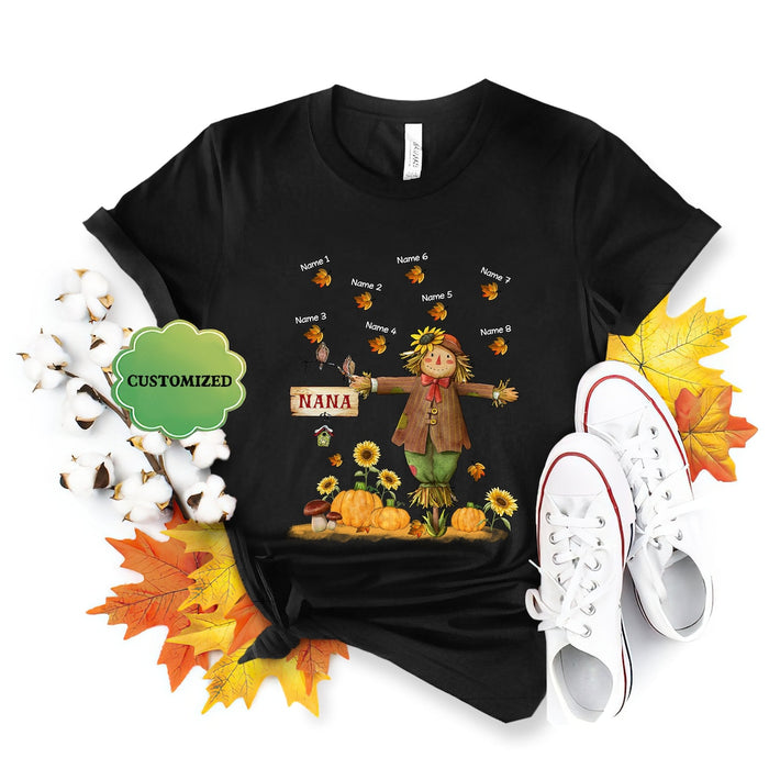 Personalized T-Shirt For Grandma Scarecrow Nana With Pumpkin Sunflower Maple Leaves Printed Custom Grandkid's Name