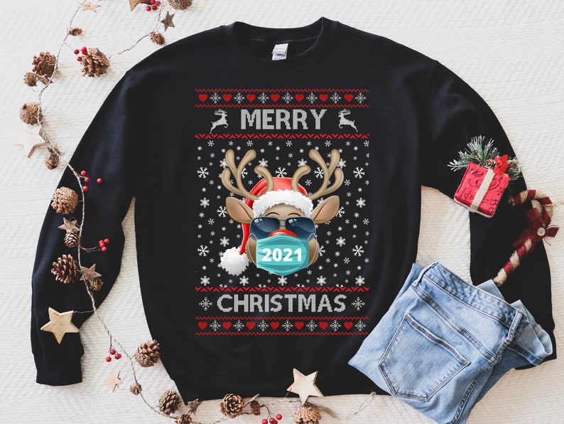 Personalized Ugly Sweatshirt For Men Women Merry Christmas Cute Reindeer Wearing Mask Printed