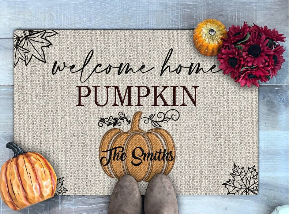 Personalized Doormat Welcome Home Pumpkin Cute Pumpkin And Leaves Printed Custom Family Name Front Doormat Fall Doormat