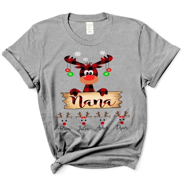 Personalized T-Shirt For Grandma Nana Reindeer With Snowflake & Light Printed Custom Grandkids Name Red Plaid Design