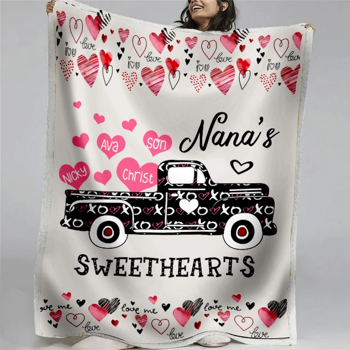 Personalized Fleece Blanket For Grandma Nana's Sweetheart Black Truck With Pink Heart Printed Custom Grandkid's Name