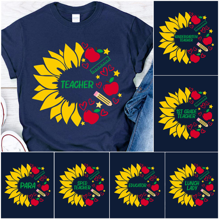 Personalized T-Shirt For Teacher Sunflower Apple Pencil Ruler Printed Custom Title Back To School Outfit