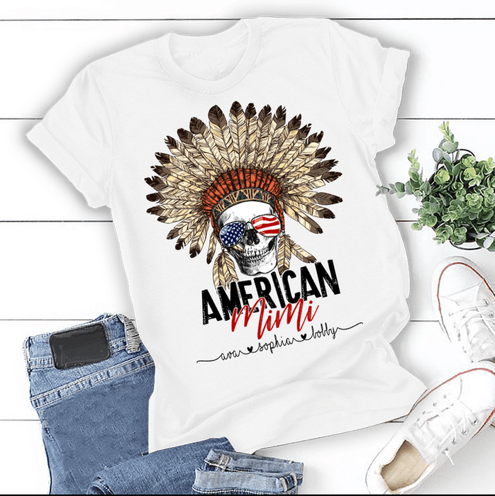 Personalized T-Shirt For Grandma American Mimi Bohemian Style Skull With Glasses US Flag Custom Grandkids Name