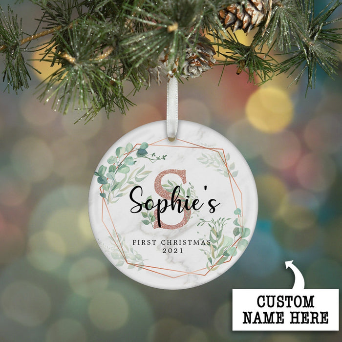 Personalized Circle Ornament Baby's First Christmas Custom Initial Name & Year Print Botanical Frame Monogram Design