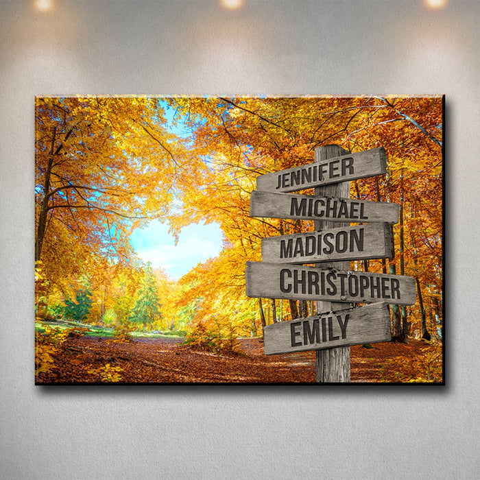 Personalized Matte Canvas For Family Autumn Forest Street Sign With Multi Names Printed Custom Member'S Name