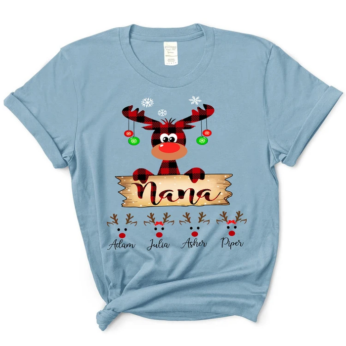 Personalized T-Shirt For Grandma Nana Reindeer With Snowflake & Light Printed Custom Grandkids Name Red Plaid Design