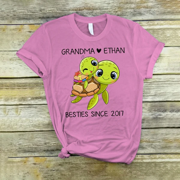 Personalized T-Shirt For Grandma Bestie Since 2017 Cute Turtle And Baby Printed Custom Grandkid's Name And Year