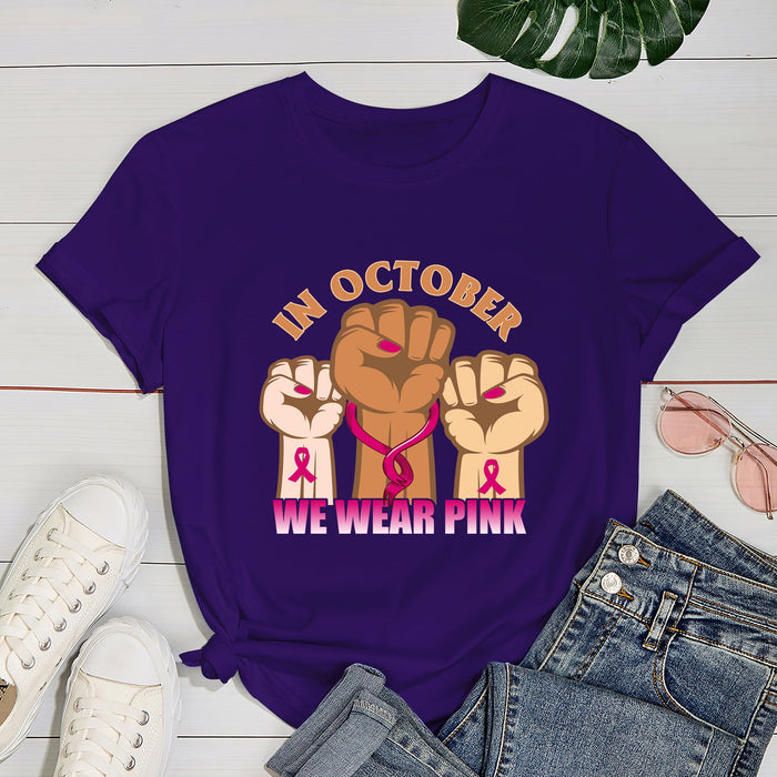 Hand In October We Wear Pink Ribbon Breast Cancer Awareness Month T-Shirt For Women Girl We Wear Pink Tee Classic