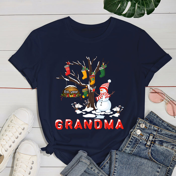 Personalized Sweatshirt T-Shirt For Grandma Cute Snowman & Stockings Tree Custom Grandkids Name