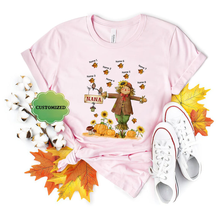 Personalized T-Shirt For Grandma Scarecrow Nana With Pumpkin Sunflower Maple Leaves Printed Custom Grandkid's Name