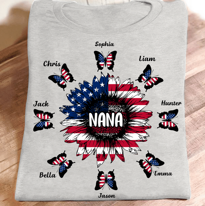 Personalized T-Shirt For Grandma Nana American Sunflower With Butterfly US Flag Art Printed Custom Grandkid's Name