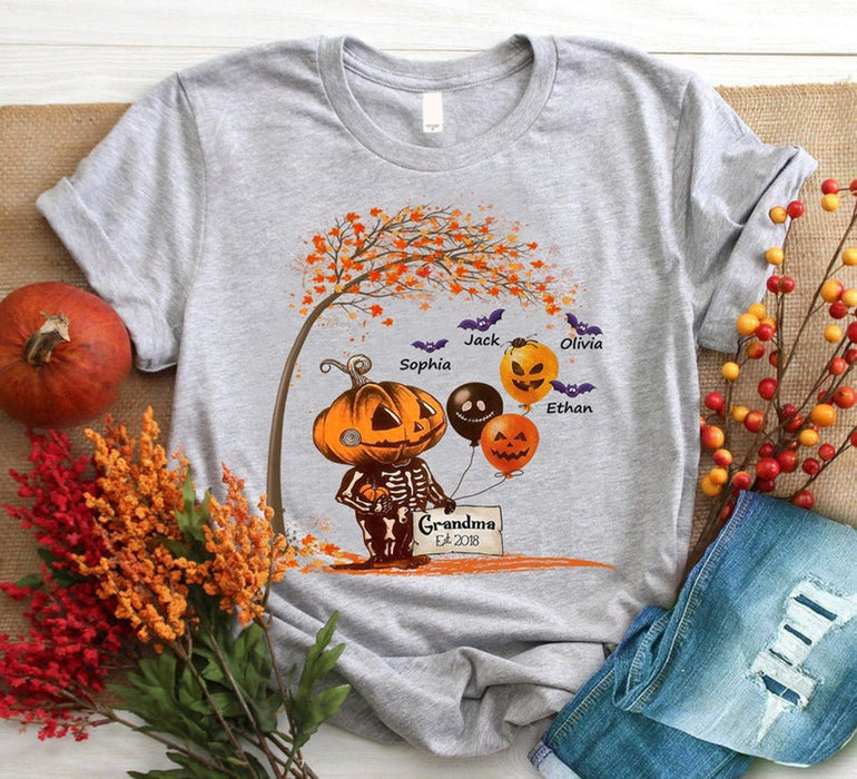 Personalized T-Shirt For Grandma Monster Pumpkin With Horror Balloon Printed Custom Grandkid's Name Shirt For Halloween