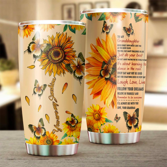 Personalized Tumbler To Granddaughter Gifts From Grandparents You Are My Sunshine Sunflower Custom Name Travel Cup 20oz