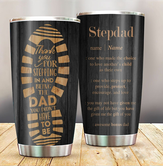 Personalized Tumbler Gifts For Bonus Dad Footprint Stepdad Definition Vintage Custom Name Travel Cup For Christmas