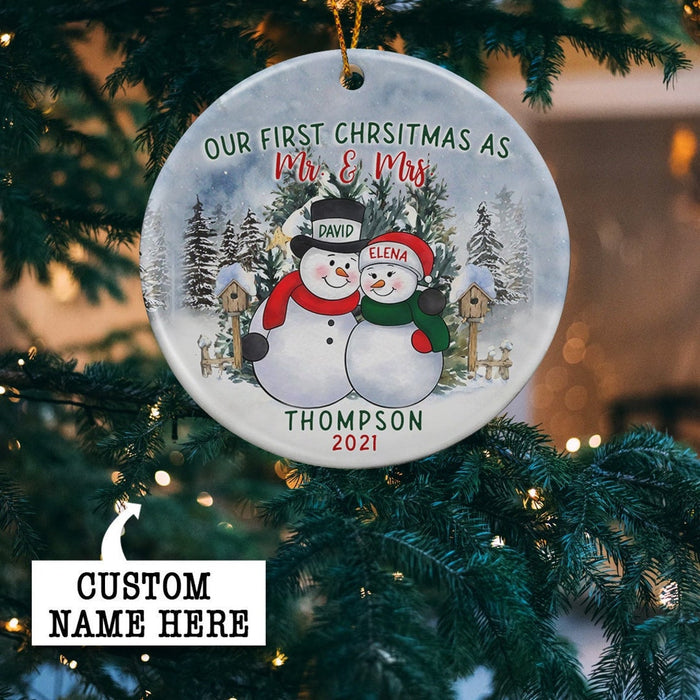 Personalized Circle Ornament For Newlywed Our First Christmas As Mr & Mrs Cute Snowmen Couple Printed Custom Name