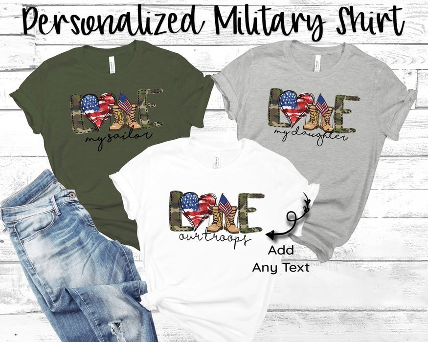 Personalized Unisex T-Shirt Love My Sailor American Heart Military Shoes Camouflage Design Custom Title Patriotic Shirt