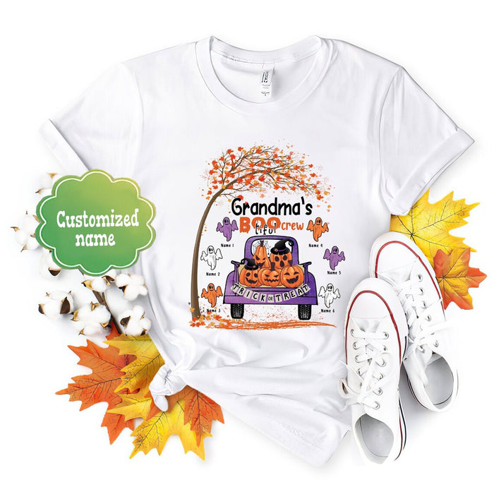 Personalized T-Shirt Grandma's Bootiful Crew Pumpkin Truck Ghost & Maple Tree Custom Grandkid's Name Halloween Shirt