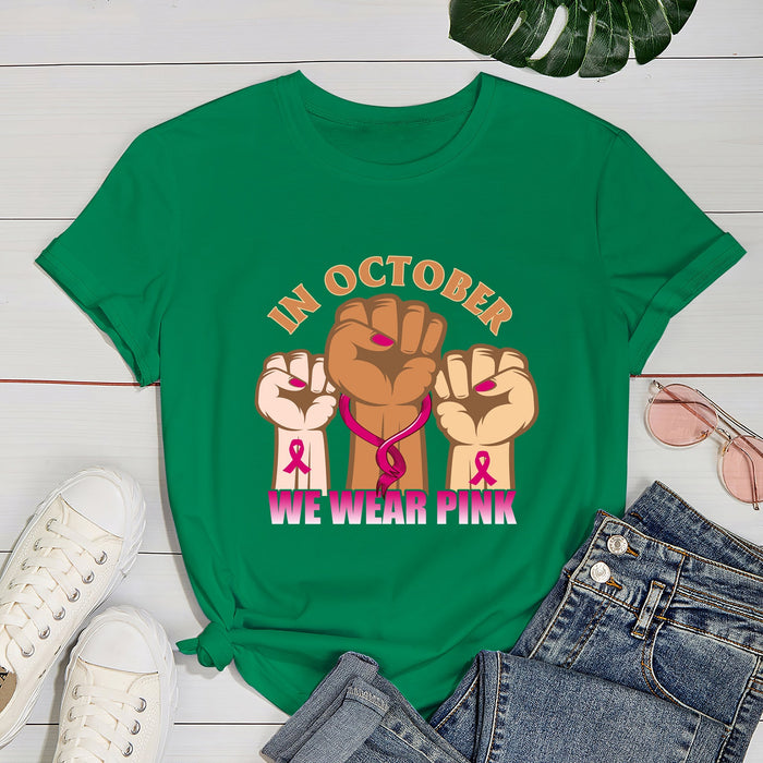 Hand In October We Wear Pink Ribbon Breast Cancer Awareness Month T-Shirt For Women Girl We Wear Pink Tee Classic
