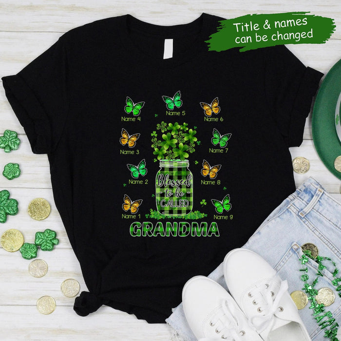 Personalized Patrick'S Day T-Shirt For Grandma Vase Of Shamrock & Butterfly Printed Custom Grandkids Name