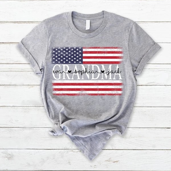 Personalized T-Shirt For Grandma American Flag Printed Red White Blue Shirt Custom Grandkid's Name Patriotic Shirt