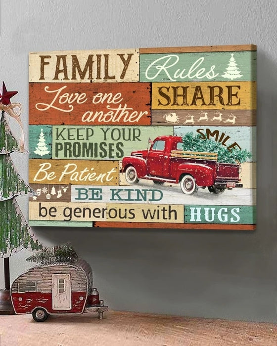 Matte Canvas For Christmas Family Rules Love One Another Be Patient Red Truck With Tree Santa Claus & Reindeer Printed