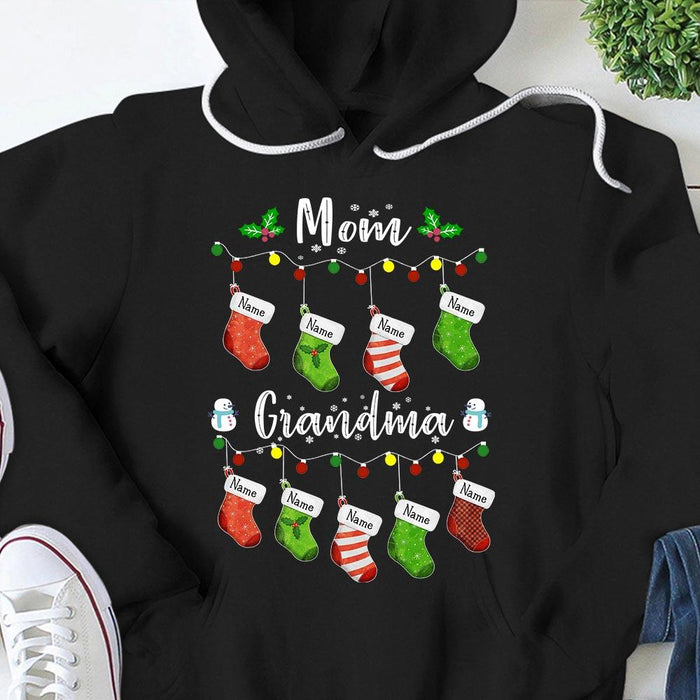 Personalized Sweatshirt & Hoodie For Mom Grandma Print Christmas Light Colorful Socks & Snowman Custom Grandkids Name