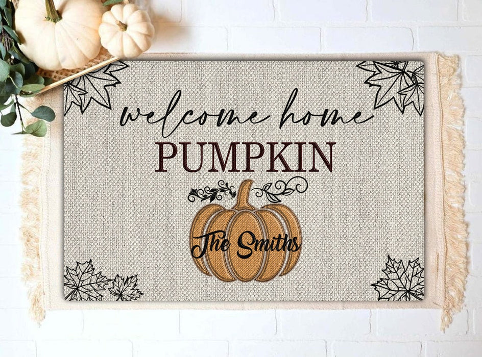 Personalized Doormat Welcome Home Pumpkin Cute Pumpkin And Leaves Printed Custom Family Name Front Doormat Fall Doormat
