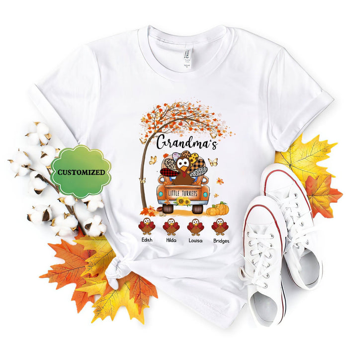 Personalized T-Shirt Grandma's Little Turkey Cute Truck With Pumpkin Sunflower Printed Custom Grandkids Name Fall Shirt
