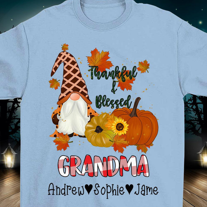 Personalized T-Shirt For Grandma Thankful Blessed Cute Gnome With Pumpkin And Maple Leaves Printed Custom Grandkids Name