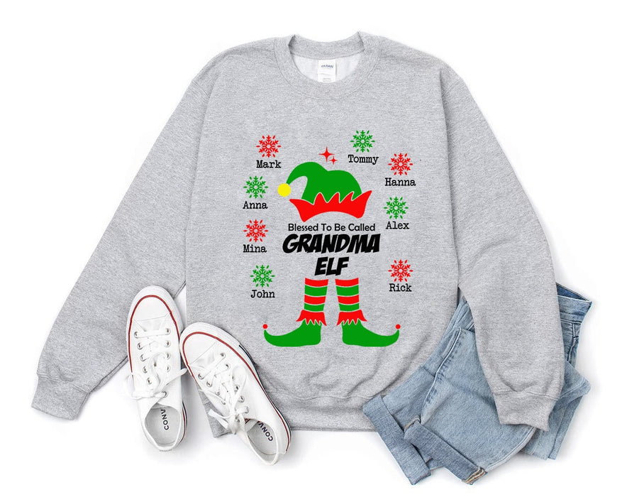 Personalized Sweatshirt For Grandma Blessed To Be Called Grandma Elf Snowflakes Printed Custom Grandkids Name