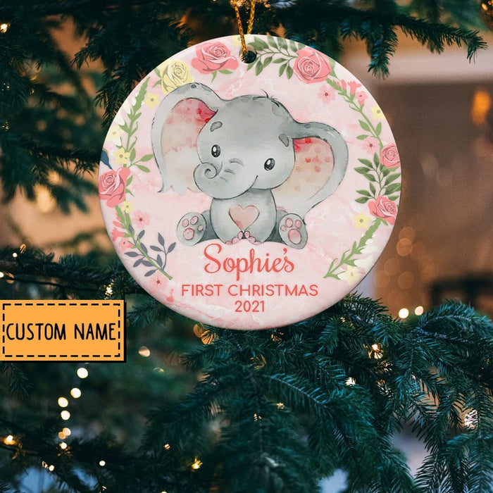 Personalized Circle Ornament Baby's First Christmas Custom Name & Year Cute Baby Elephant & Flower Wreath Printed