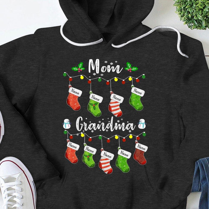 Personalized Sweatshirt & Hoodie For Mom Grandma Print Christmas Light Colorful Socks & Snowman Custom Grandkids Name