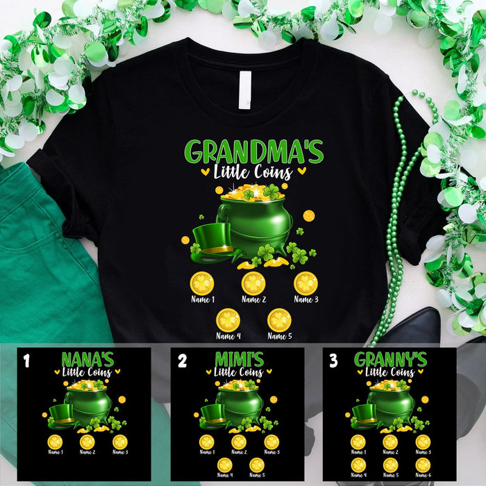 Personalized Patrick's Day T-Shirt Grandma's Little Coins Pot Of Coin & Shamrock Printed Custom Grandkids Name