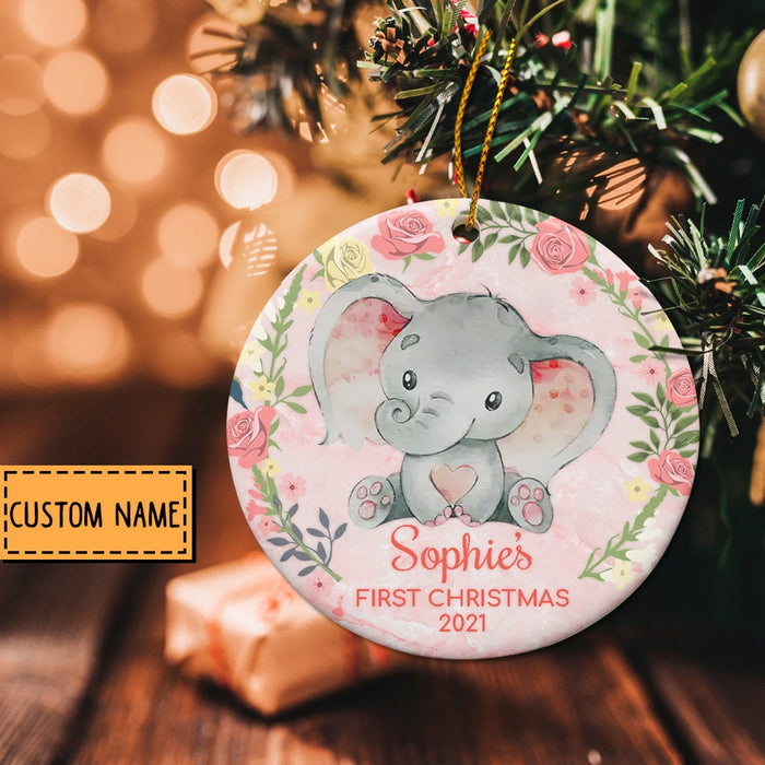 Personalized Circle Ornament Baby's First Christmas Custom Name & Year Cute Baby Elephant & Flower Wreath Printed