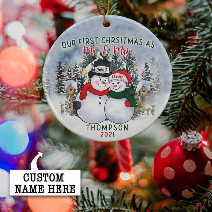 Personalized Circle Ornament For Newlywed Our First Christmas As Mr & Mrs Cute Snowmen Couple Printed Custom Name