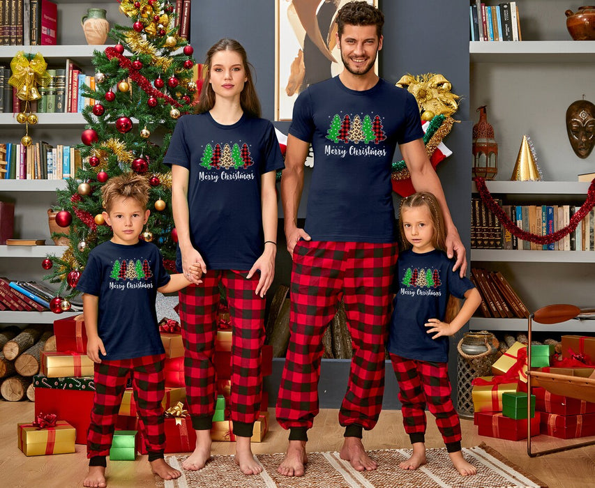 Classic Matching Shirt For Family Merry Christmas Print Xmas Tree Red Buffalo Plaid Leopard Design Matching T-Shirt