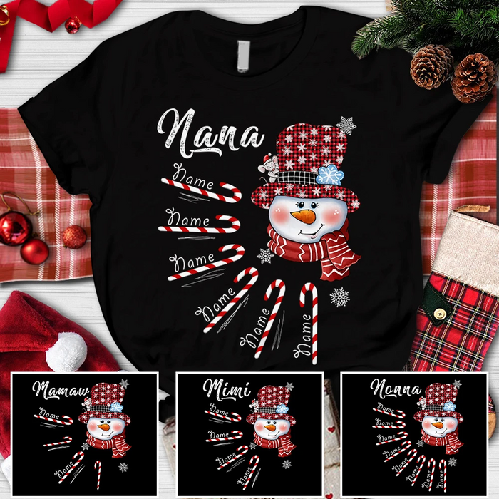 Personalized T-Shirt For Grandma Nana Snowman With Candy Cane Printed Buffalo Red Plaid Design Custom Grandkids Name